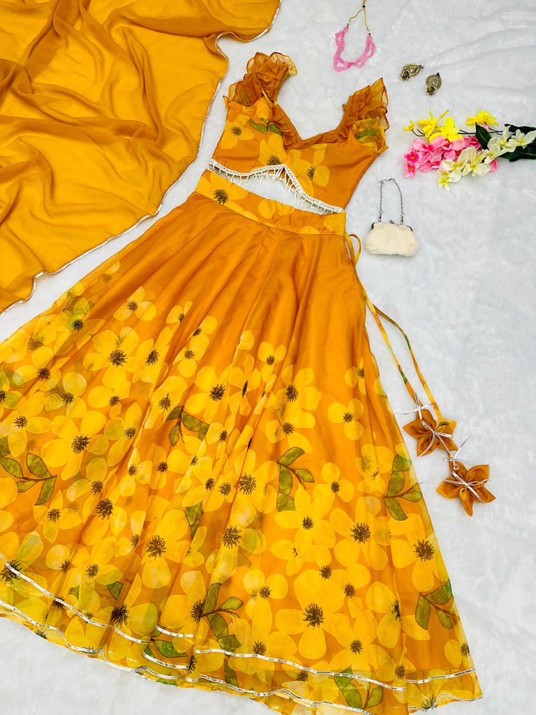 Exquisite Yellow Pure Organza Silk Lehenga Choli Set with Handwork ClothsVilla