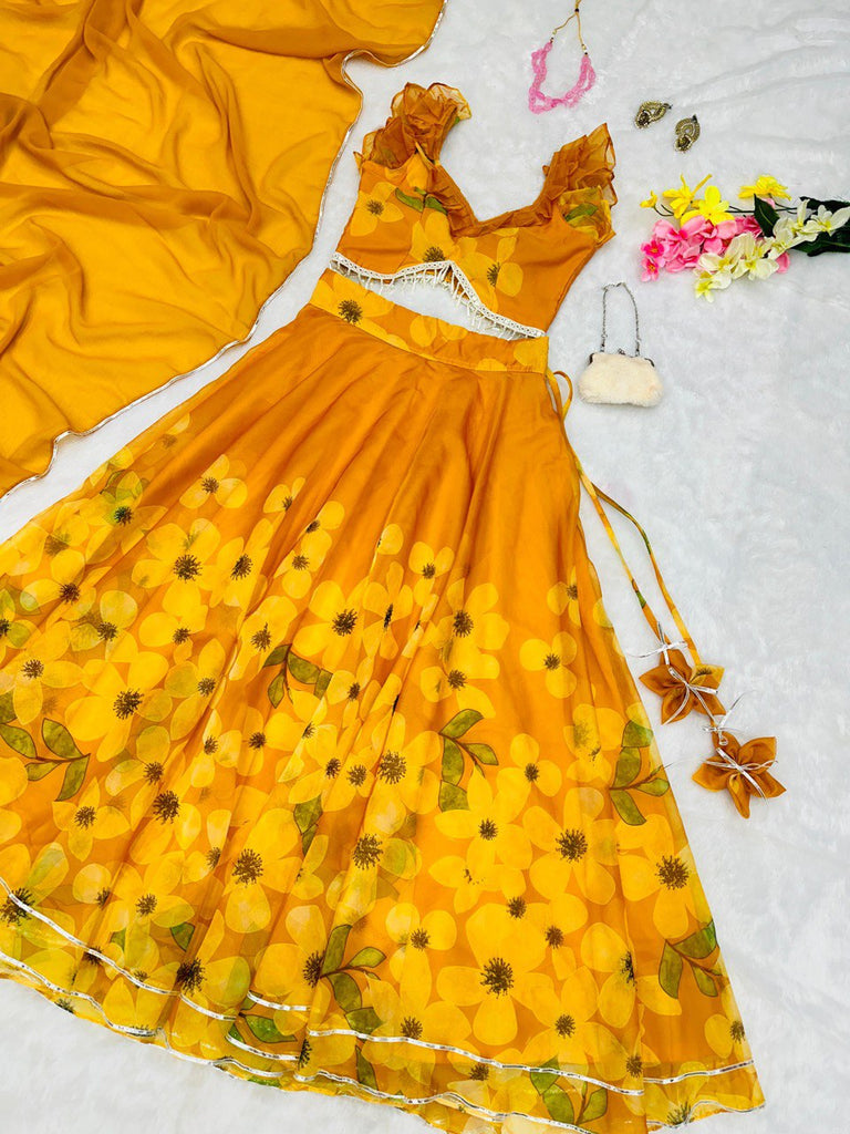 silk lehenga dress Exquisite Yellow Pure Organza Silk Lehenga Choli Set with Ha