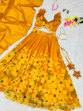Exquisite Yellow Pure Organza Silk Lehenga Choli Set with Handwork ClothsVilla