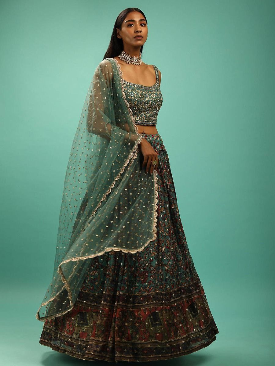 Fair Green Elegant Chinon Printed Zari & Sequins Embroidered Lehenga Choli Set with Banglory Blouse and Net Dupatta – Semi-Stitched Festive & Wedding Wear ClothsVilla Main image