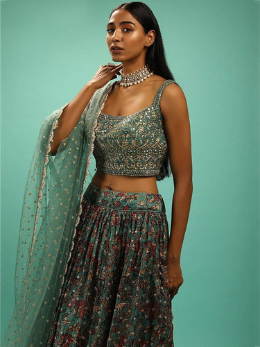 Fair Green Elegant Chinon Printed Zari & Sequins Embroidered Lehenga Choli Set with Banglory Blouse and Net Dupatta – Semi-Stitched Festive & Wedding Wear ClothsVilla