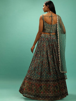 Fair Green Elegant Chinon Printed Zari & Sequins Embroidered Lehenga Choli Set with Banglory Blouse and Net Dupatta – Semi-Stitched Festive & Wedding Wear ClothsVilla