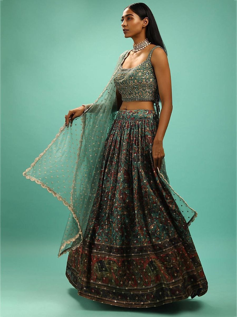 Fair Green Elegant Chinon Printed Zari & Sequins Embroidered Lehenga Choli Set with Banglory Blouse and Net Dupatta – Semi-Stitched Festive & Wedding Wear ClothsVilla
