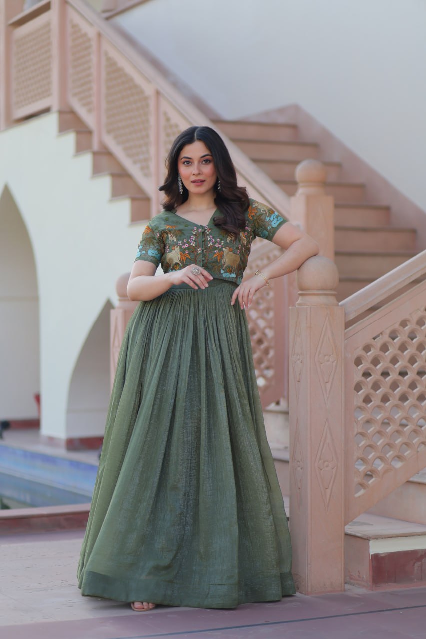 Fair Green Elegant Silver Crunchy Gown with Embroidered Koti – Stylish Partywear Set ClothsVilla