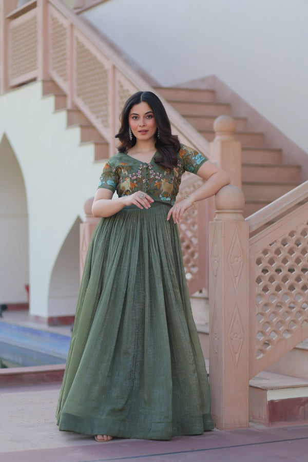 Fair Green Elegant Silver Crunchy Gown with Embroidered Koti – Stylish Partywear Set ClothsVilla