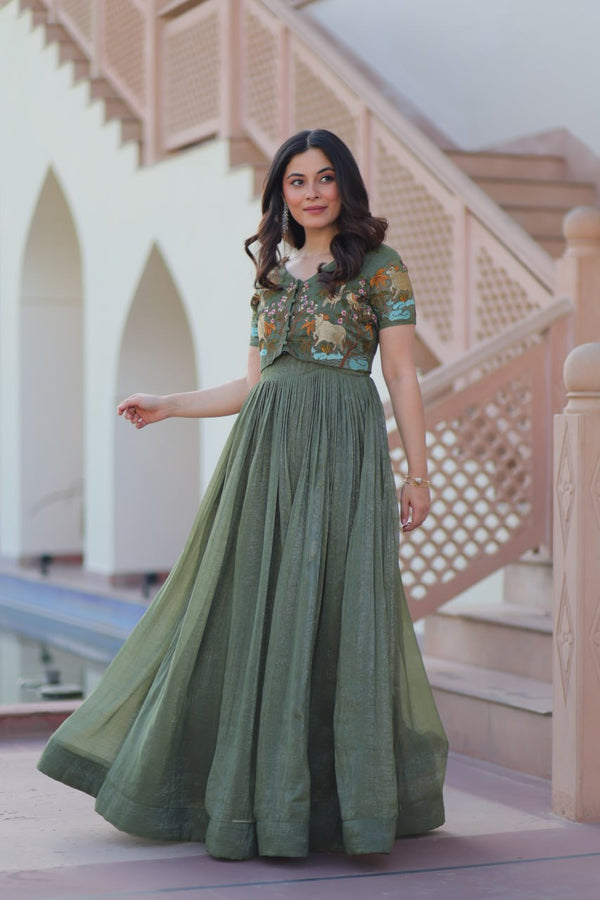 Fair Green Elegant Silver Crunchy Gown with Embroidered Koti – Stylish Partywear Set ClothsVilla