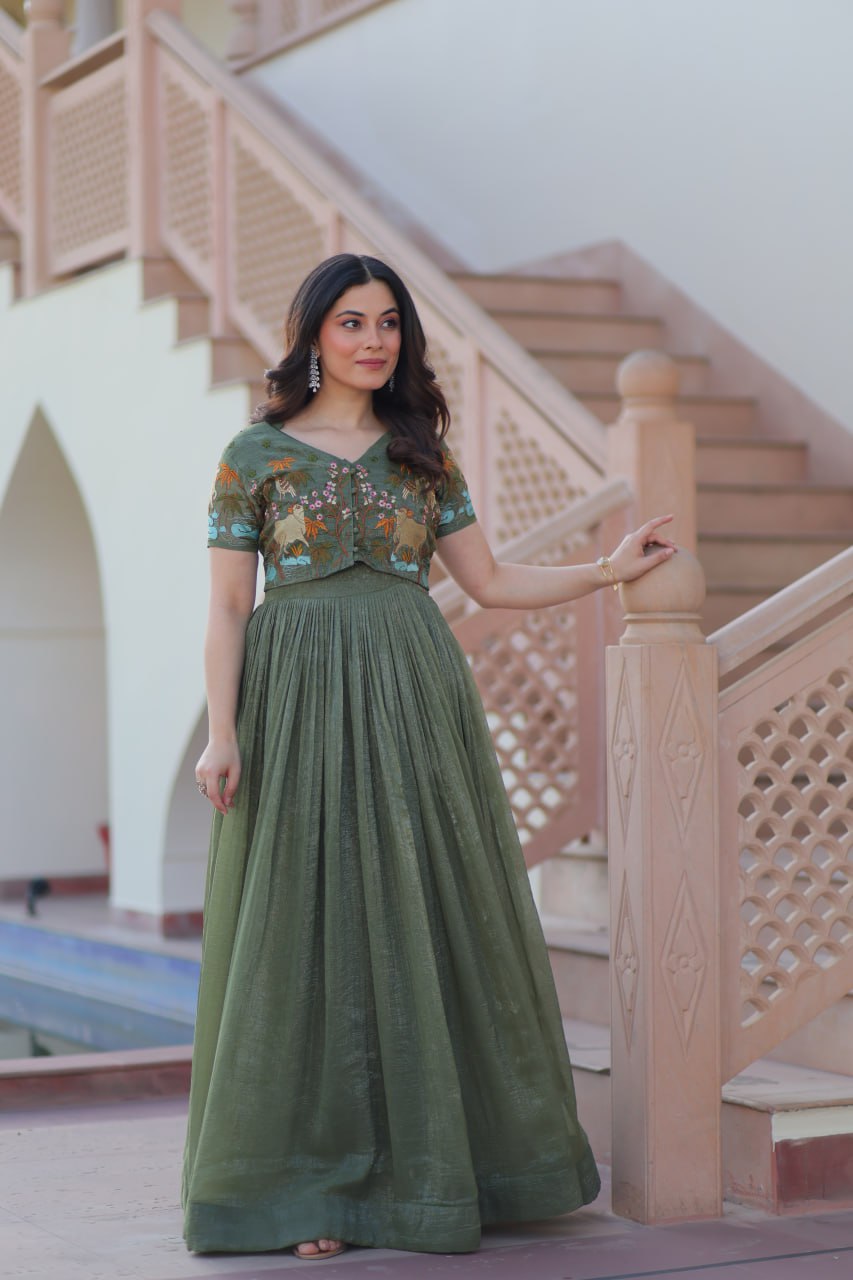 Fair Green Elegant Silver Crunchy Gown with Embroidered Koti – Stylish Partywear Set ClothsVilla