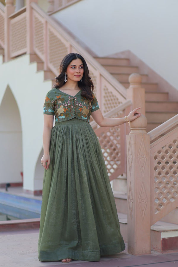 Fair Green Elegant Silver Crunchy Gown with Embroidered Koti – Stylish Partywear Set ClothsVilla