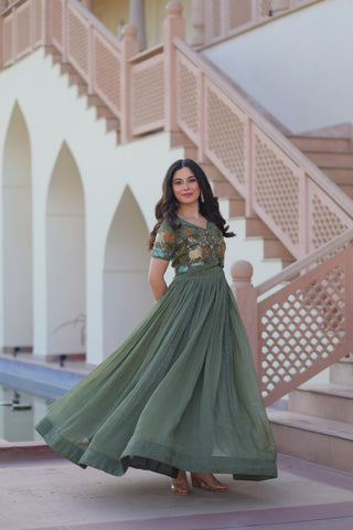 Fair Green Elegant Silver Crunchy Gown with Embroidered Koti – Stylish Partywear Set ClothsVilla