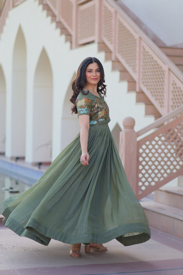 Fair Green Elegant Silver Crunchy Gown with Embroidered Koti – Stylish Partywear Set ClothsVilla