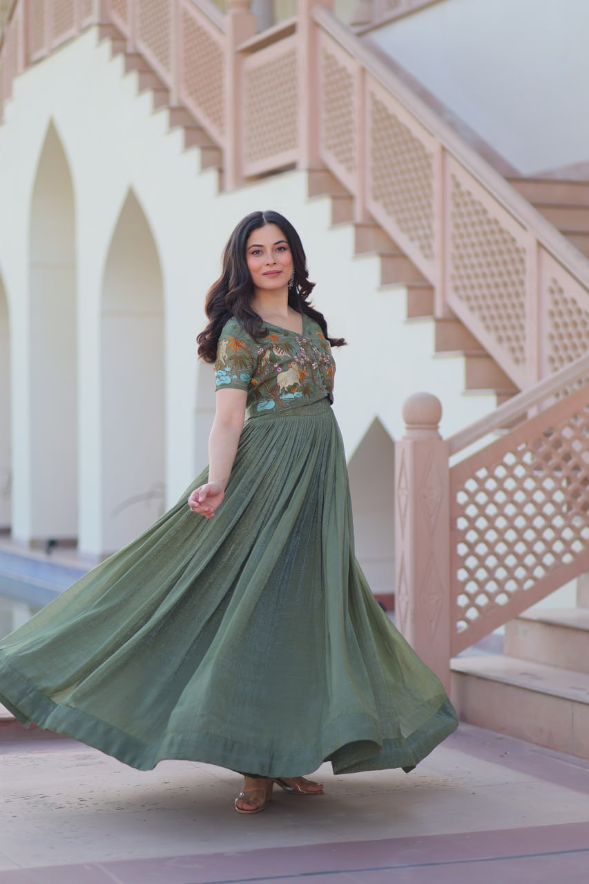 Fair Green Elegant Silver Crunchy Gown with Embroidered Koti – Stylish Partywear Set ClothsVilla