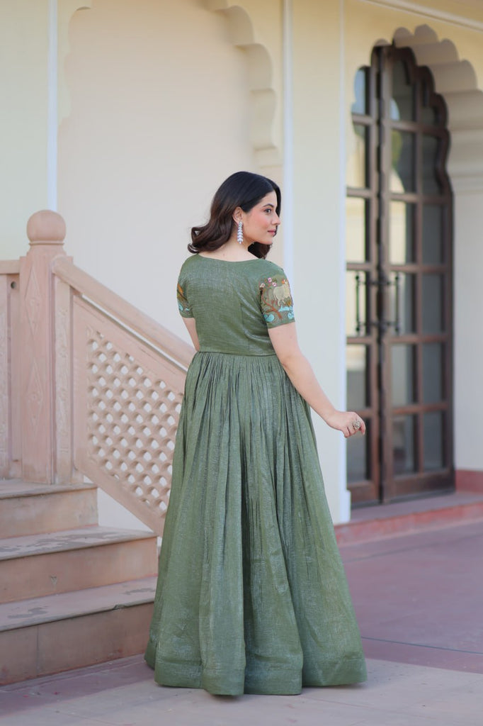 Fair Green Elegant Silver Crunchy Gown with Embroidered Koti – Stylish Partywear Set ClothsVilla