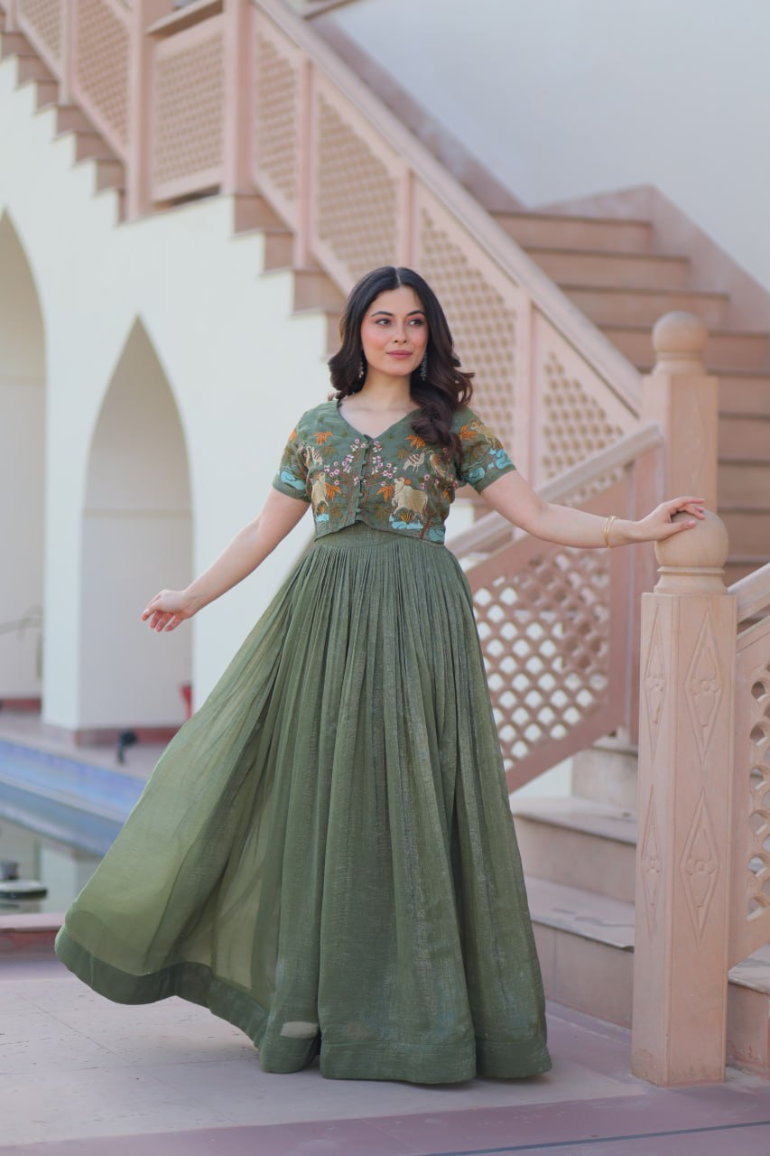 Fair Green Elegant Silver Crunchy Gown with Embroidered Koti – Stylish Partywear Set ClothsVilla