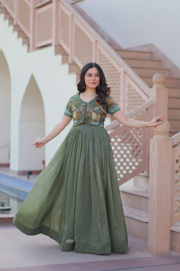 Fair Green Elegant Silver Crunchy Gown with Embroidered Koti – Stylish Partywear Set ClothsVilla