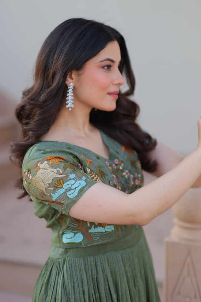 Fair Green Elegant Silver Crunchy Gown with Embroidered Koti – Stylish Partywear Set ClothsVilla