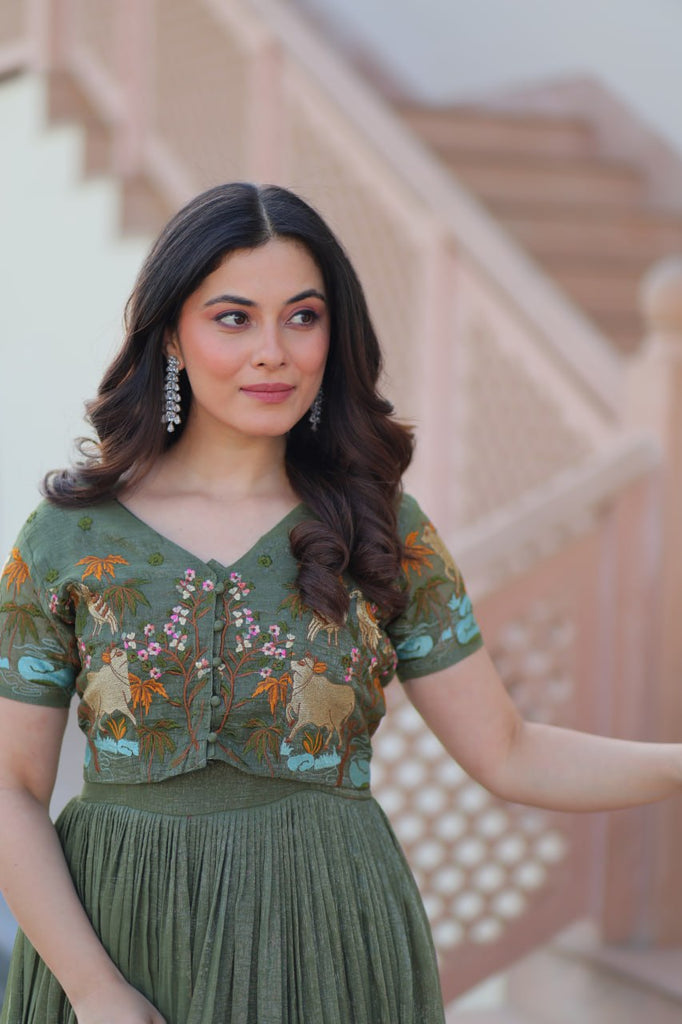 Fair Green Elegant Silver Crunchy Gown with Embroidered Koti – Stylish Partywear Set ClothsVilla