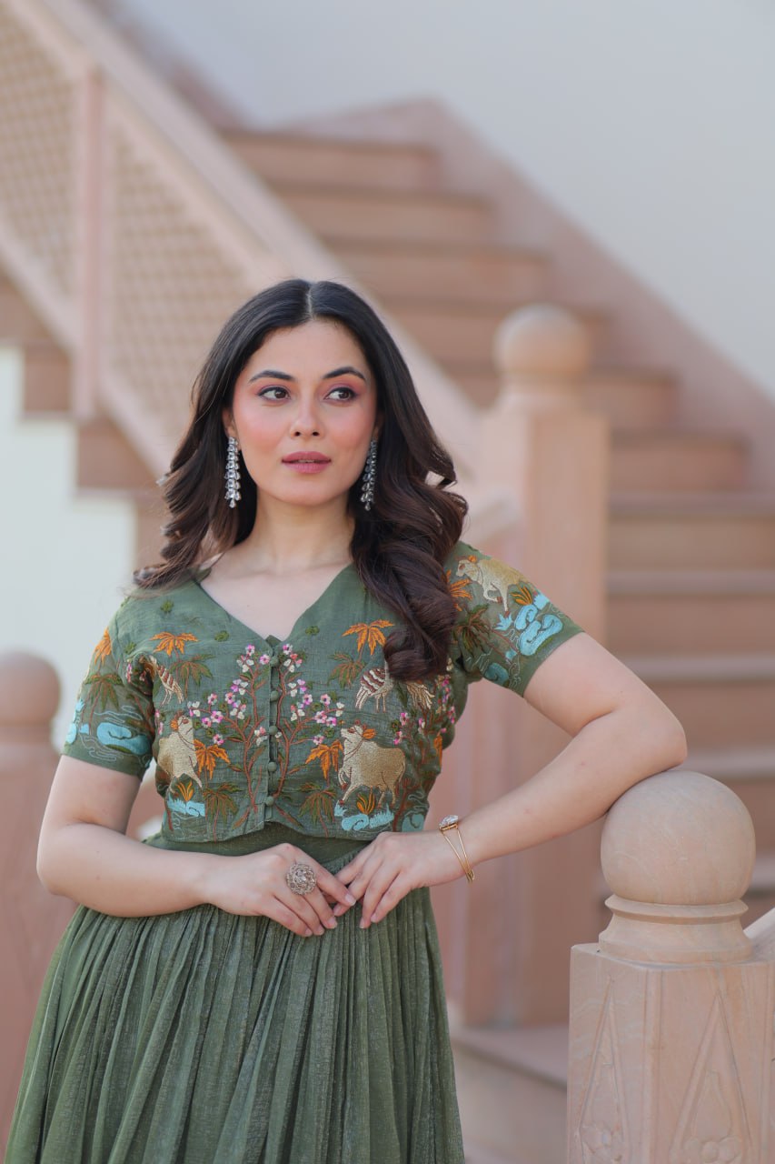 Fair Green Elegant Silver Crunchy Gown with Embroidered Koti – Stylish Partywear Set ClothsVilla