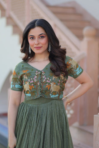 Fair Green Elegant Silver Crunchy Gown with Embroidered Koti – Stylish Partywear Set ClothsVilla