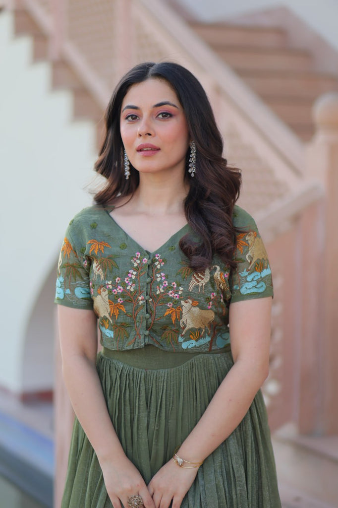 Fair Green Elegant Silver Crunchy Gown with Embroidered Koti – Stylish Partywear Set ClothsVilla