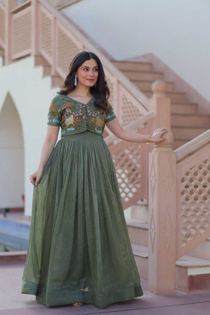 Fair Green Elegant Silver Crunchy Gown with Embroidered Koti – Stylish Partywear Set ClothsVilla