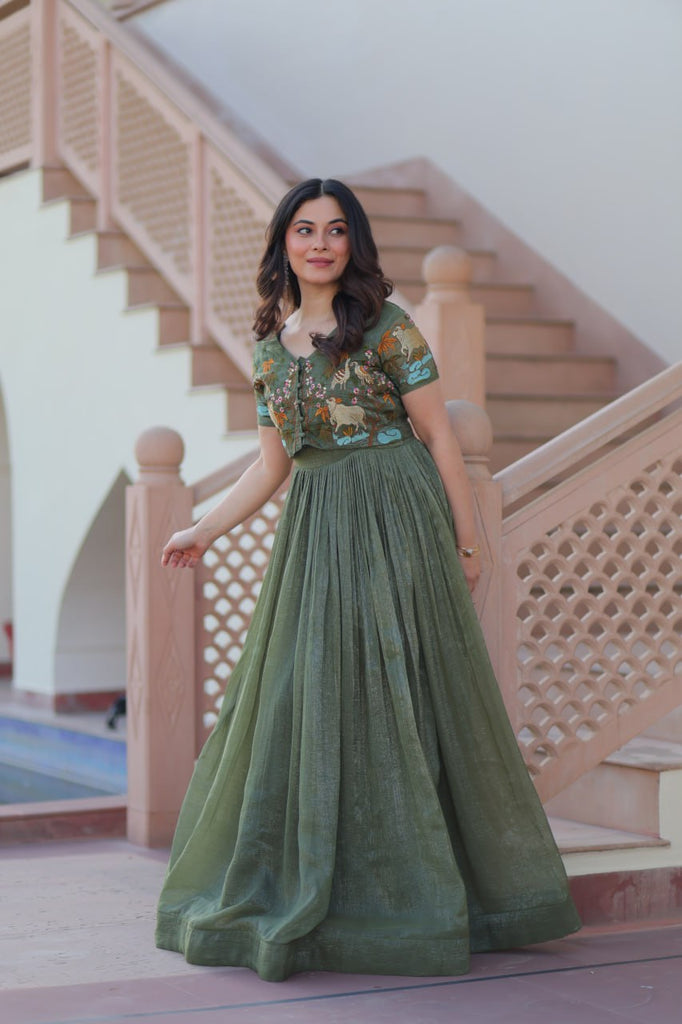 Fair Green Elegant Silver Crunchy Gown with Embroidered Koti – Stylish Partywear Set ClothsVilla