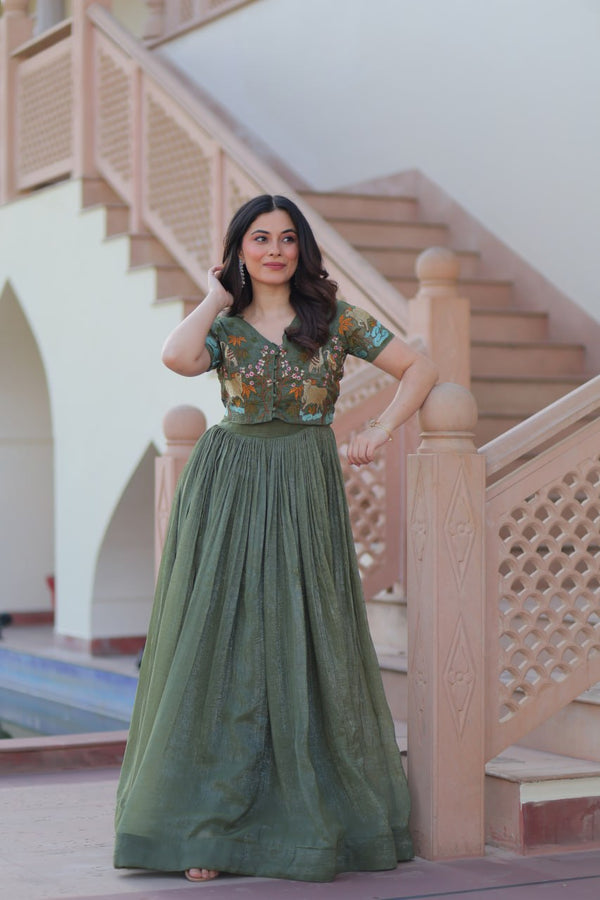 Fair Green Elegant Silver Crunchy Gown with Embroidered Koti – Stylish Partywear Set ClothsVilla