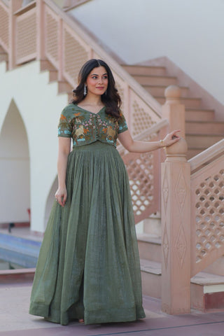 Fair Green Elegant Silver Crunchy Gown with Embroidered Koti – Stylish Partywear Set ClothsVilla