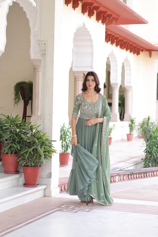 Fair Green Luxury Faux Blooming Sequins Multithread Beads Embroidered Gown with Designer Dupatta – Full Inner ClothsVilla