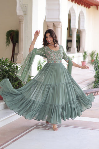 Fair Green Luxury Faux Blooming Sequins Multithread Beads Embroidered Gown with Designer Dupatta – Full Inner ClothsVilla