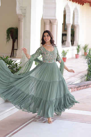 Fair Green Luxury Faux Blooming Sequins Multithread Beads Embroidered Gown with Designer Dupatta – Full Inner ClothsVilla
