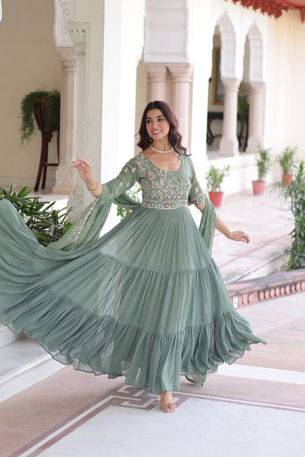Fair Green Luxury Faux Blooming Sequins Multithread Beads Embroidered Gown with Designer Dupatta – Full Inner ClothsVilla