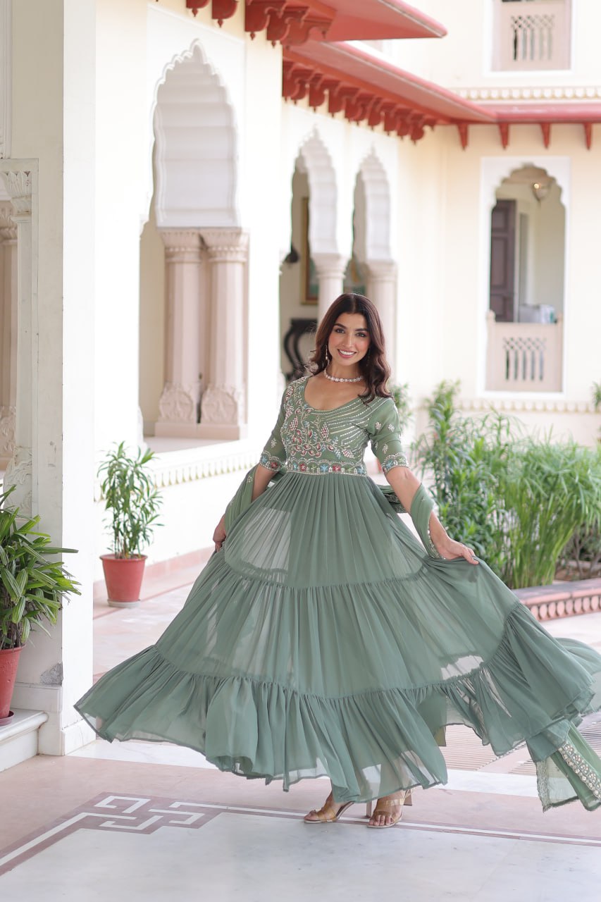 Fair Green Luxury Faux Blooming Sequins Multithread Beads Embroidered Gown with Designer Dupatta – Full Inner ClothsVilla