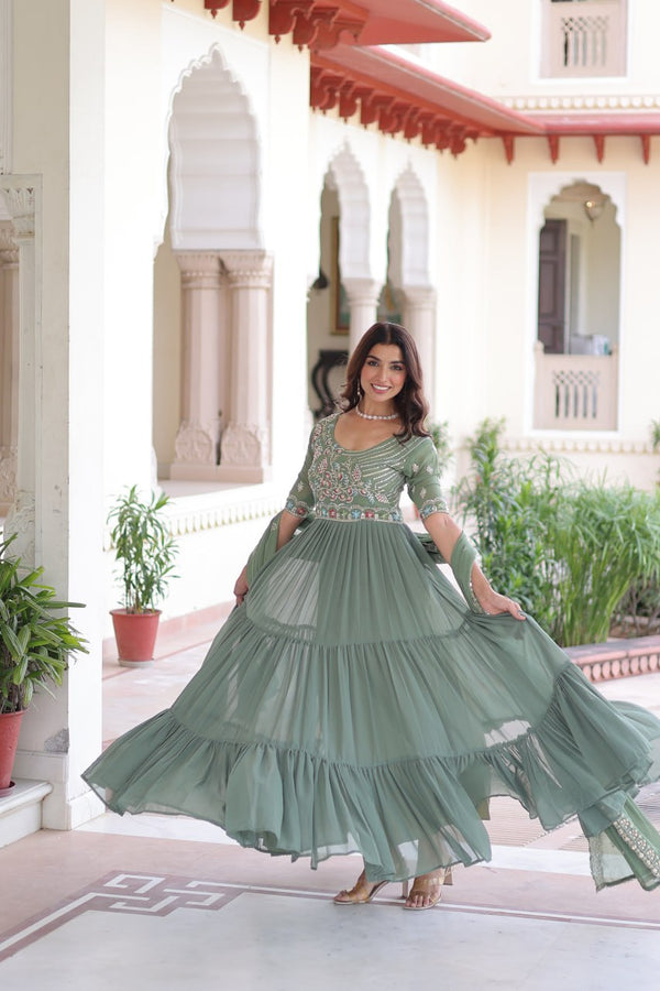 Fair Green Luxury Faux Blooming Sequins Multithread Beads Embroidered Gown with Designer Dupatta – Full Inner ClothsVilla
