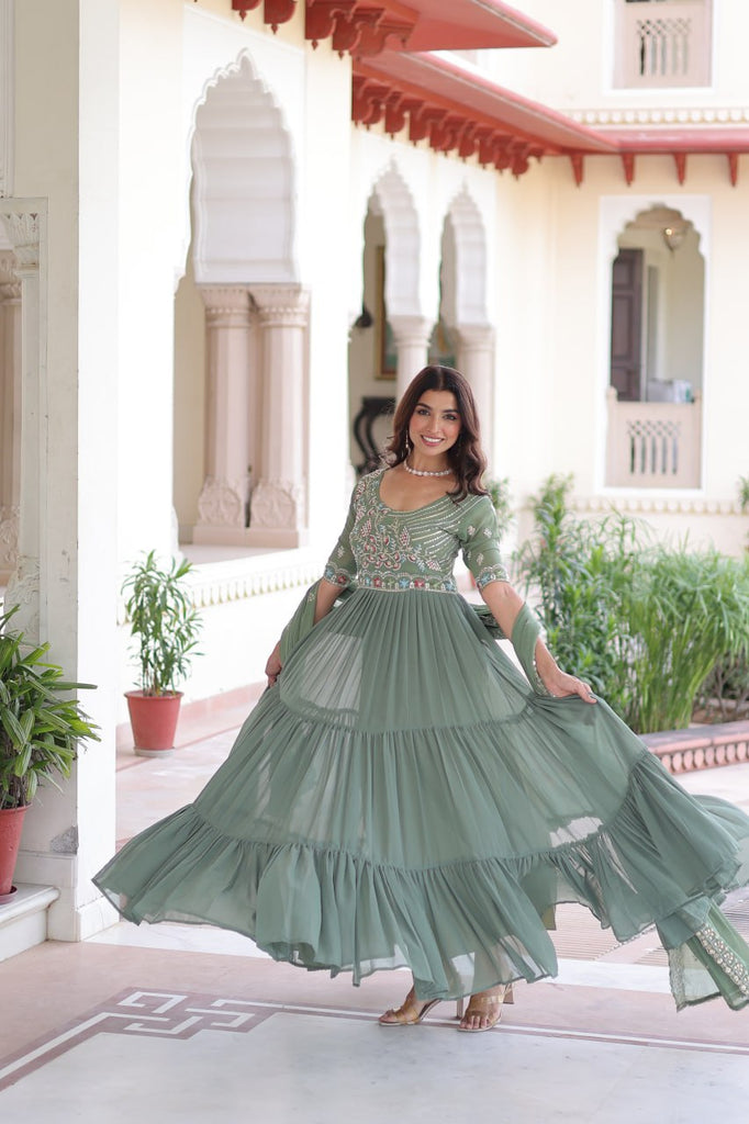Fair Green Luxury Faux Blooming Sequins Multithread Beads Embroidered Gown with Designer Dupatta – Full Inner ClothsVilla
