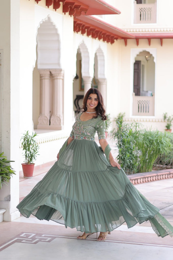 Fair Green Luxury Faux Blooming Sequins Multithread Beads Embroidered Gown with Designer Dupatta – Full Inner ClothsVilla