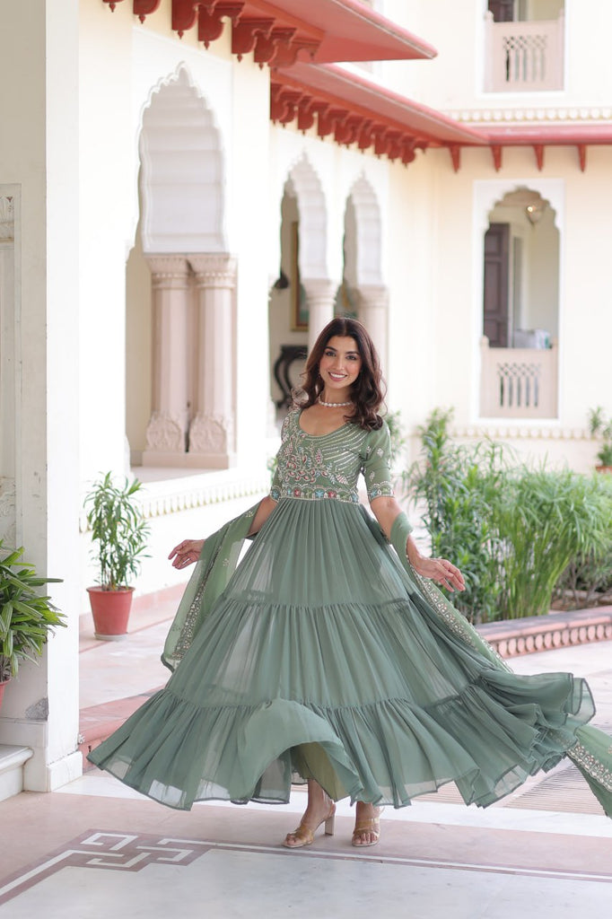 Fair Green Luxury Faux Blooming Sequins Multithread Beads Embroidered Gown with Designer Dupatta – Full Inner ClothsVilla