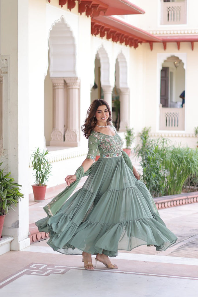 Fair Green Luxury Faux Blooming Sequins Multithread Beads Embroidered Gown with Designer Dupatta – Full Inner ClothsVilla