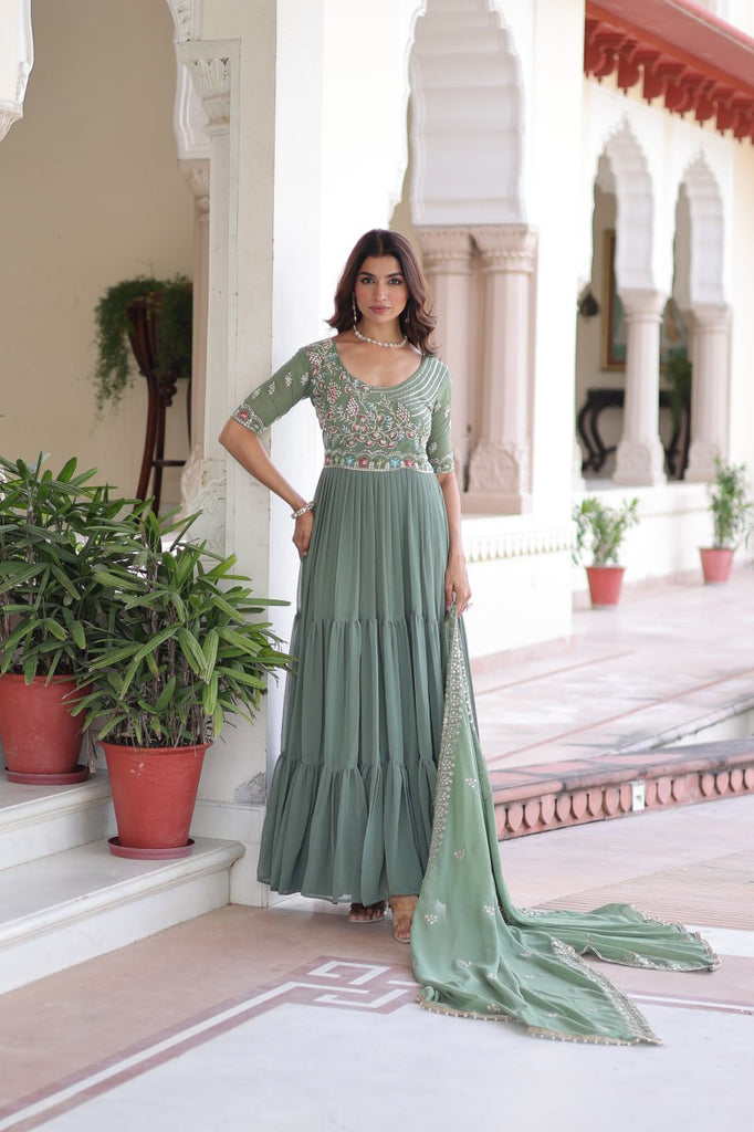 Fair Green Luxury Faux Blooming Sequins Multithread Beads Embroidered Gown with Designer Dupatta – Full Inner ClothsVilla