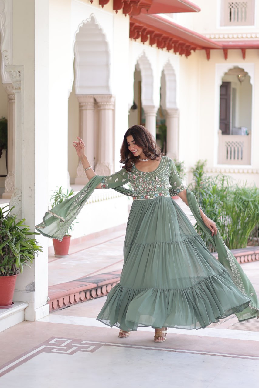 Fair Green Luxury Faux Blooming Sequins Multithread Beads Embroidered Gown with Designer Dupatta – Full Inner ClothsVilla