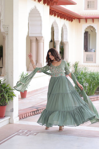 Fair Green Luxury Faux Blooming Sequins Multithread Beads Embroidered Gown with Designer Dupatta – Full Inner ClothsVilla
