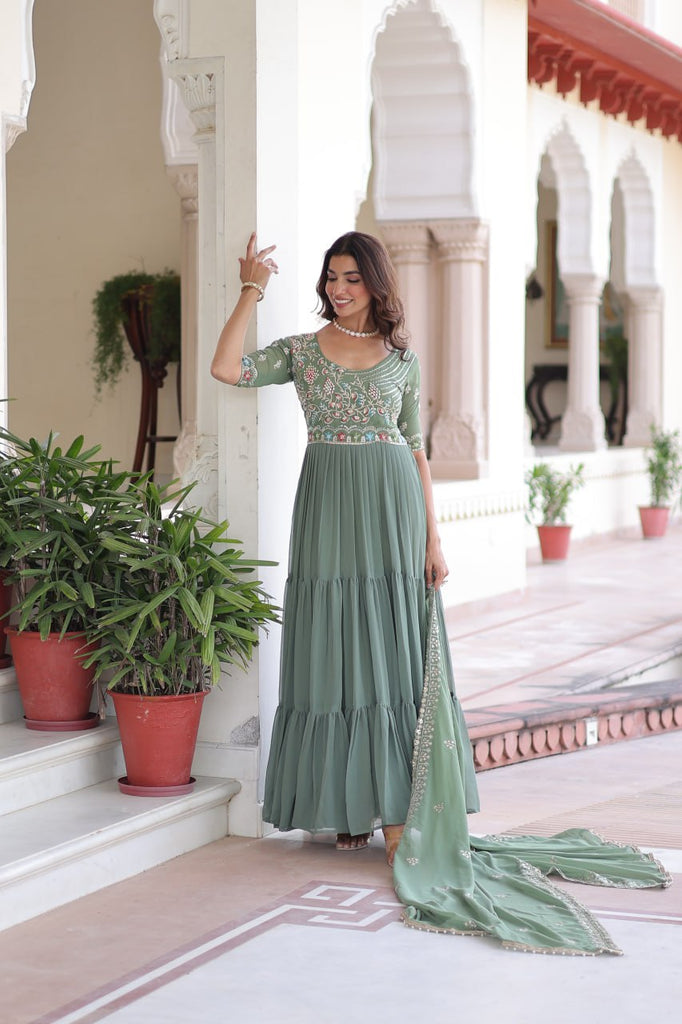 Fair Green Luxury Faux Blooming Sequins Multithread Beads Embroidered Gown with Designer Dupatta – Full Inner ClothsVilla