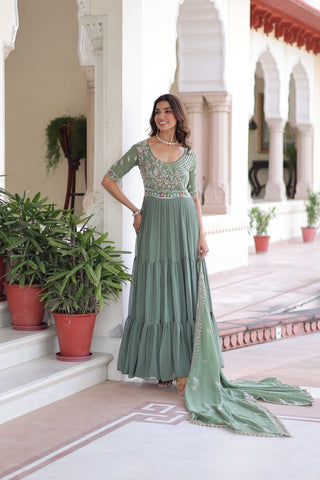 Fair Green Luxury Faux Blooming Sequins Multithread Beads Embroidered Gown with Designer Dupatta – Full Inner ClothsVilla