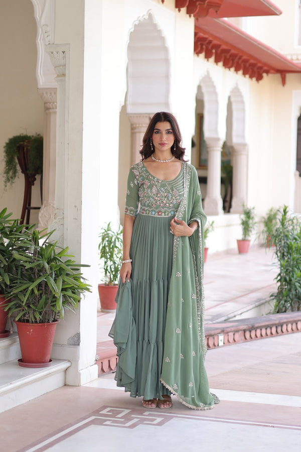 Fair Green Luxury Faux Blooming Sequins Multithread Beads Embroidered Gown with Designer Dupatta – Full Inner ClothsVilla