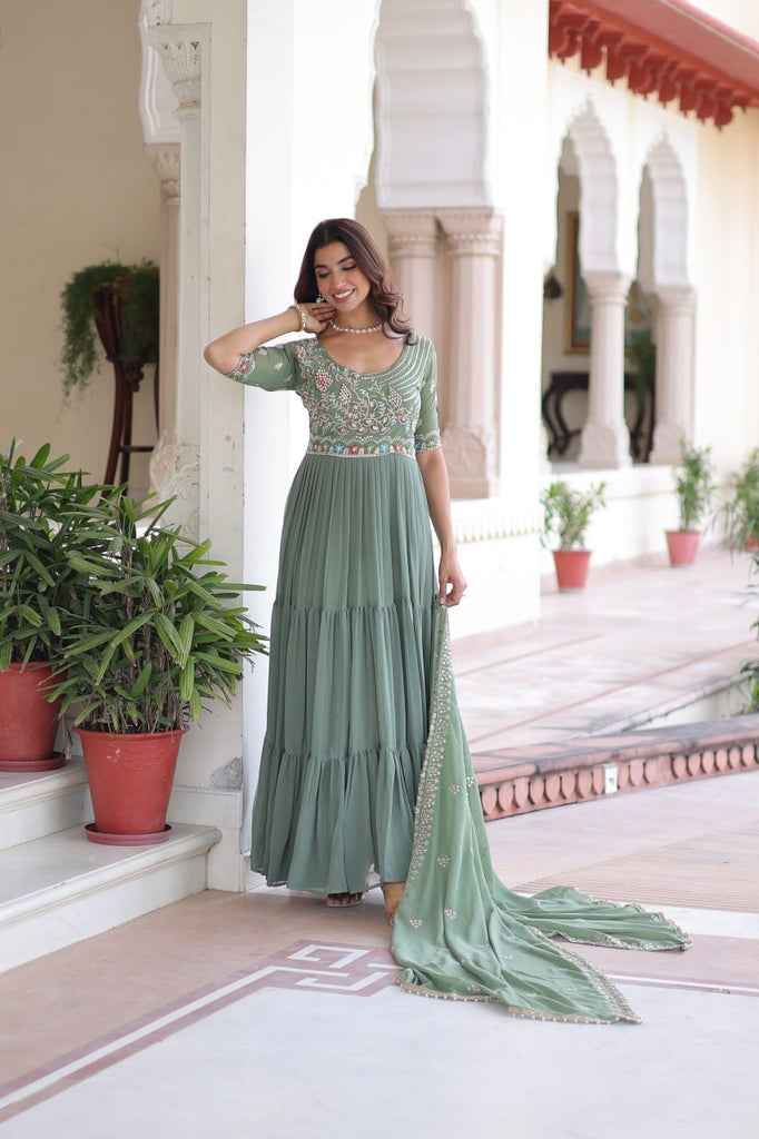 Fair Green Luxury Faux Blooming Sequins Multithread Beads Embroidered Gown with Designer Dupatta – Full Inner ClothsVilla