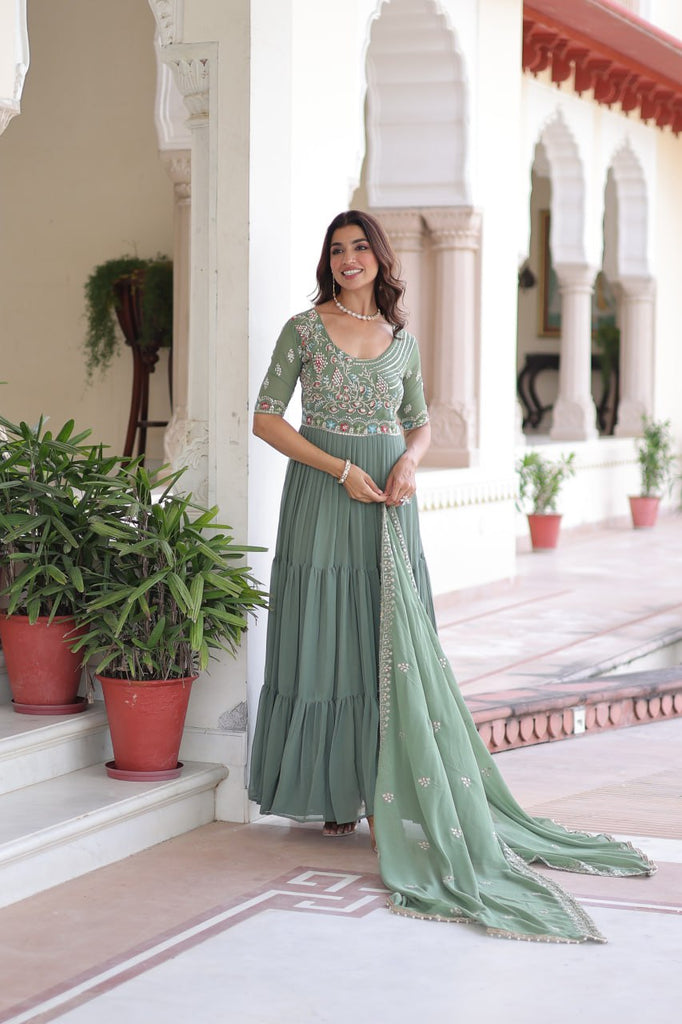 Fair Green Luxury Faux Blooming Sequins Multithread Beads Embroidered Gown with Designer Dupatta – Full Inner ClothsVilla