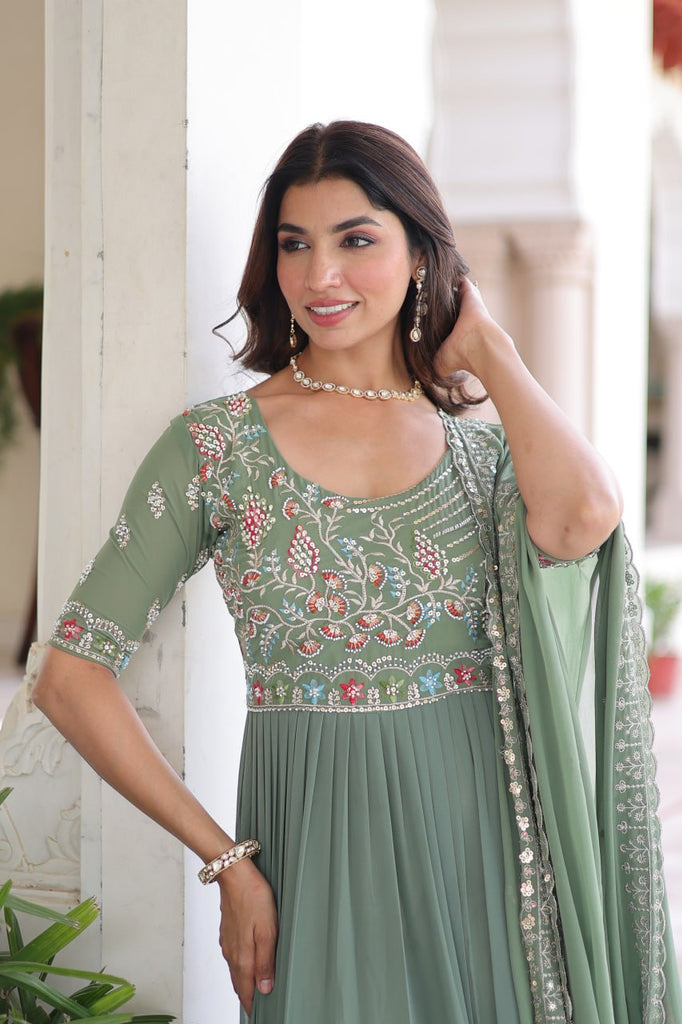 Fair Green Luxury Faux Blooming Sequins Multithread Beads Embroidered Gown with Designer Dupatta – Full Inner ClothsVilla