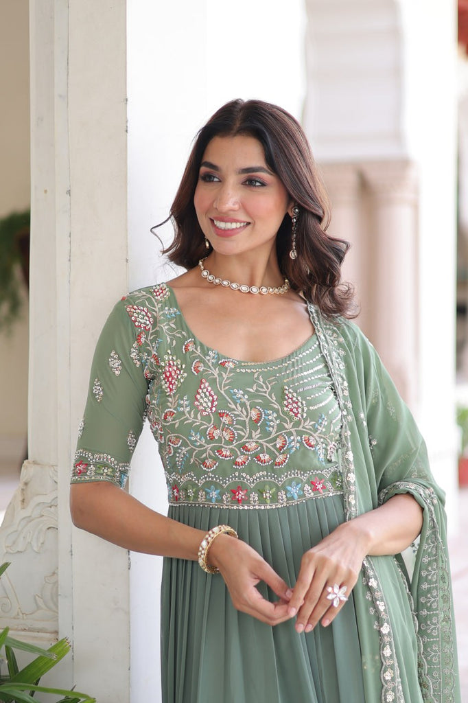 Fair Green Luxury Faux Blooming Sequins Multithread Beads Embroidered Gown with Designer Dupatta – Full Inner ClothsVilla