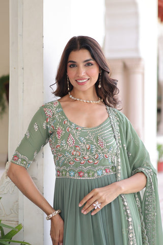Fair Green Luxury Faux Blooming Sequins Multithread Beads Embroidered Gown with Designer Dupatta – Full Inner ClothsVilla