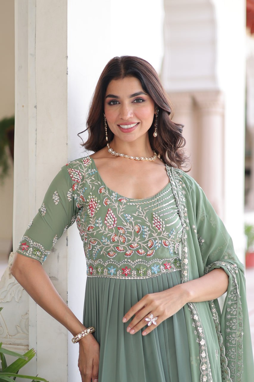 Fair Green Luxury Faux Blooming Sequins Multithread Beads Embroidered Gown with Designer Dupatta – Full Inner ClothsVilla