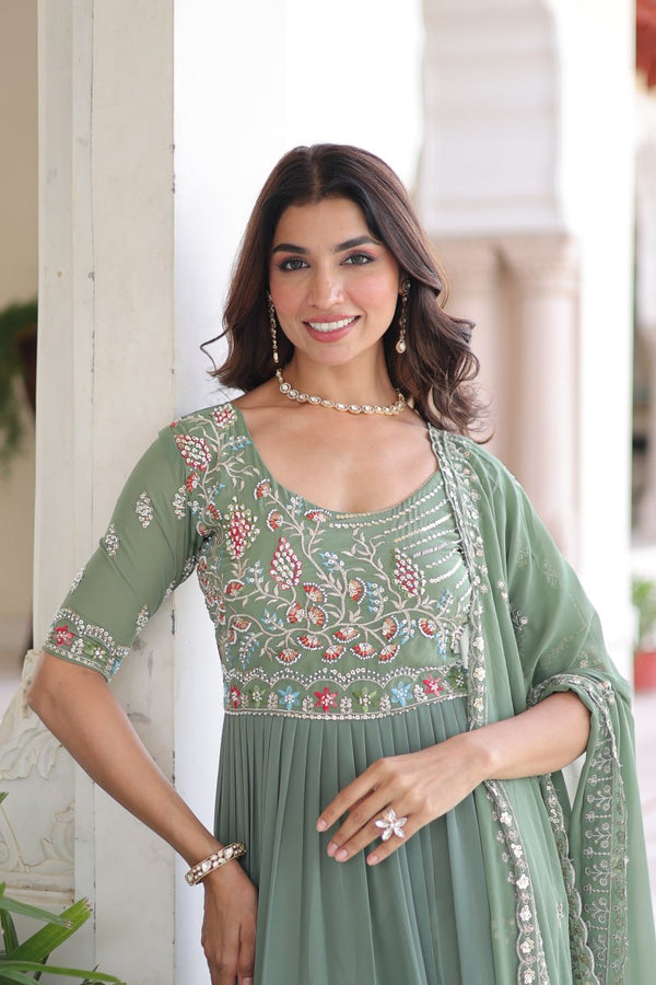 Fair Green Luxury Faux Blooming Sequins Multithread Beads Embroidered Gown with Designer Dupatta – Full Inner ClothsVilla